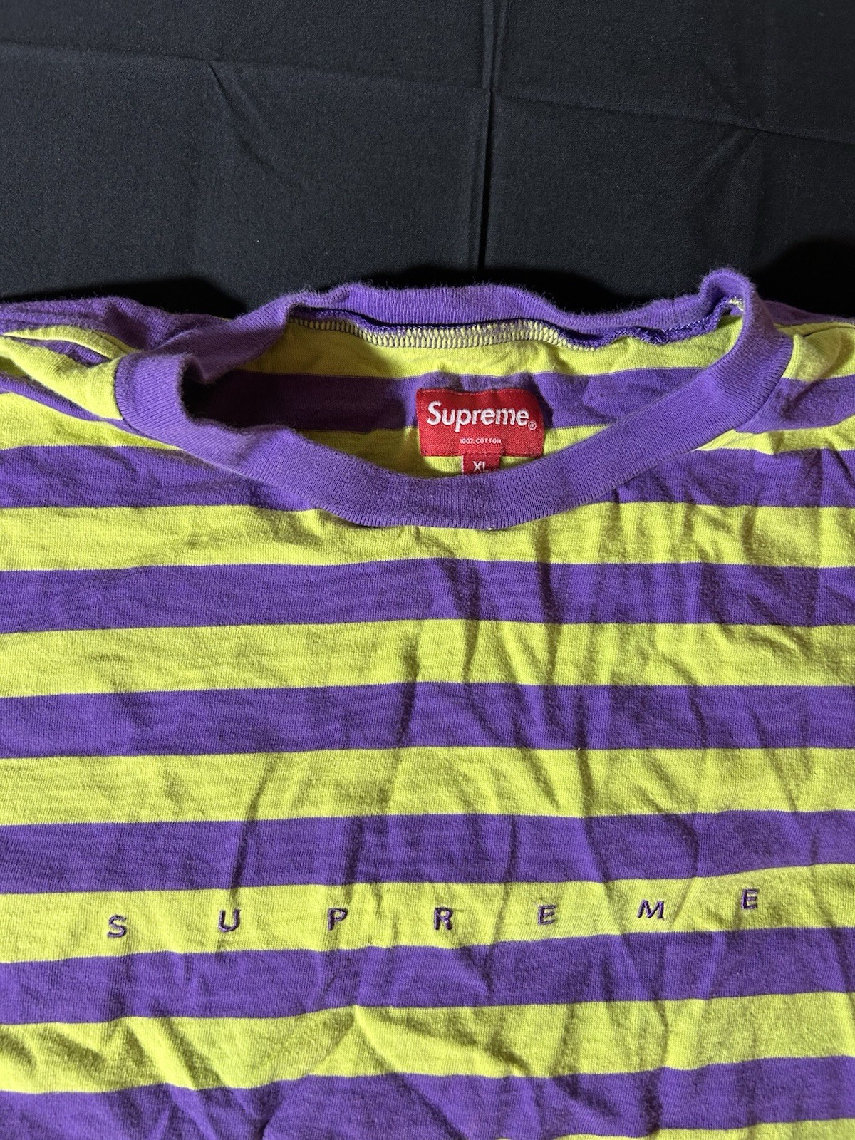 Supreme Purple Yellow Striped Logo T-Shirt Short Sleeve Crew Neck Men's XL gallery