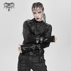Devil Fashion Men Black Gothic Punk Mesh Spliced Lace-Up T-Shirt Slim Fit Tops