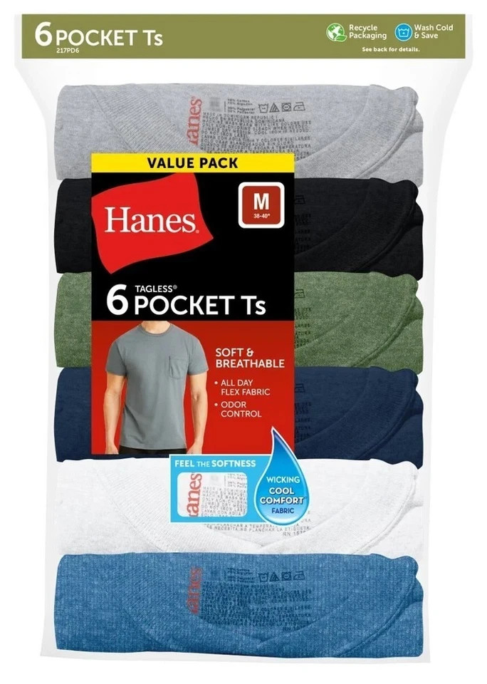 Hanes 6-Pack Pocket Tee Men's T-Shirt Soft and Breathable Assorted gallery