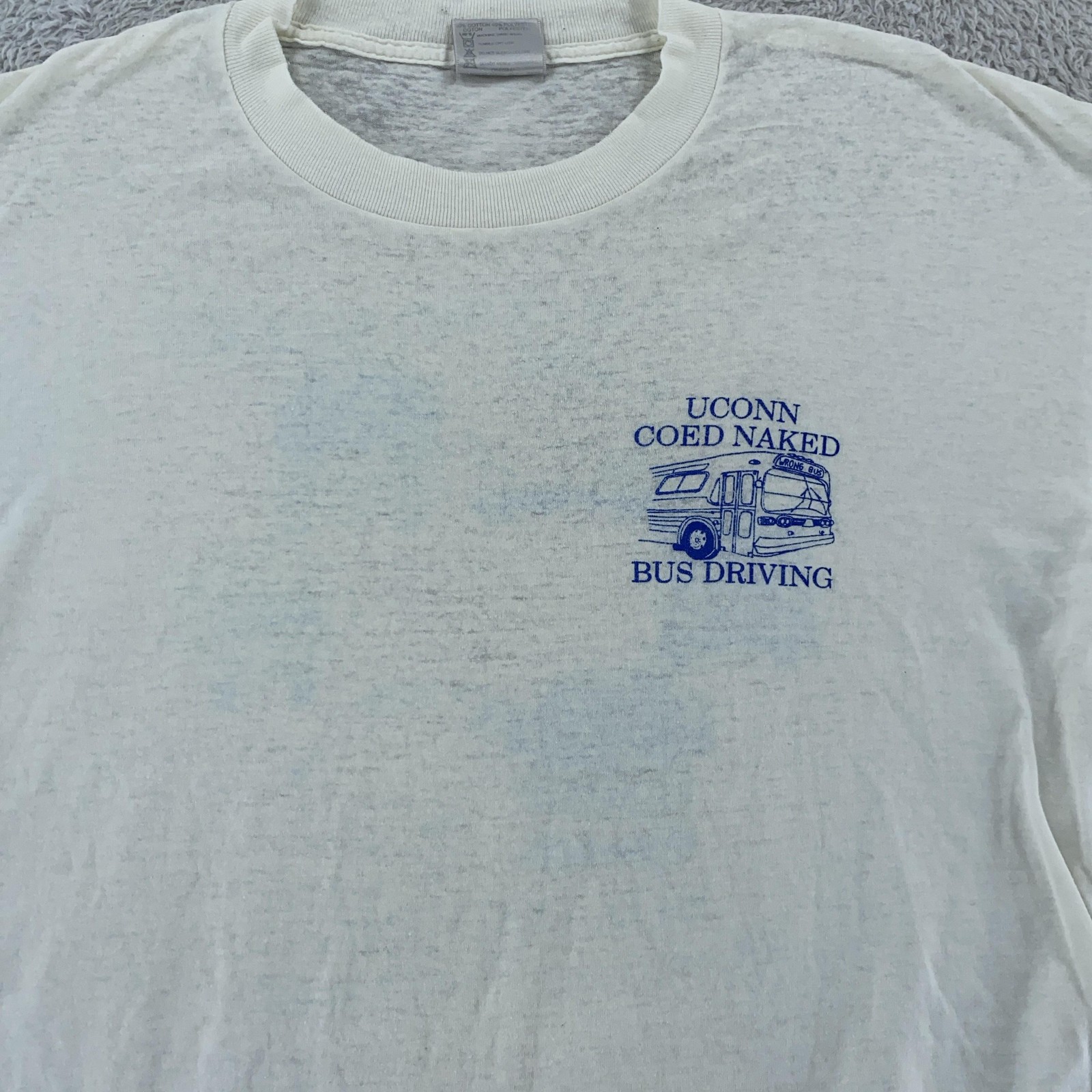 SHEER Distressed Vtg UConn Coed Naked Bus Driving Shirt L Sex Joke Huskies 90s gallery