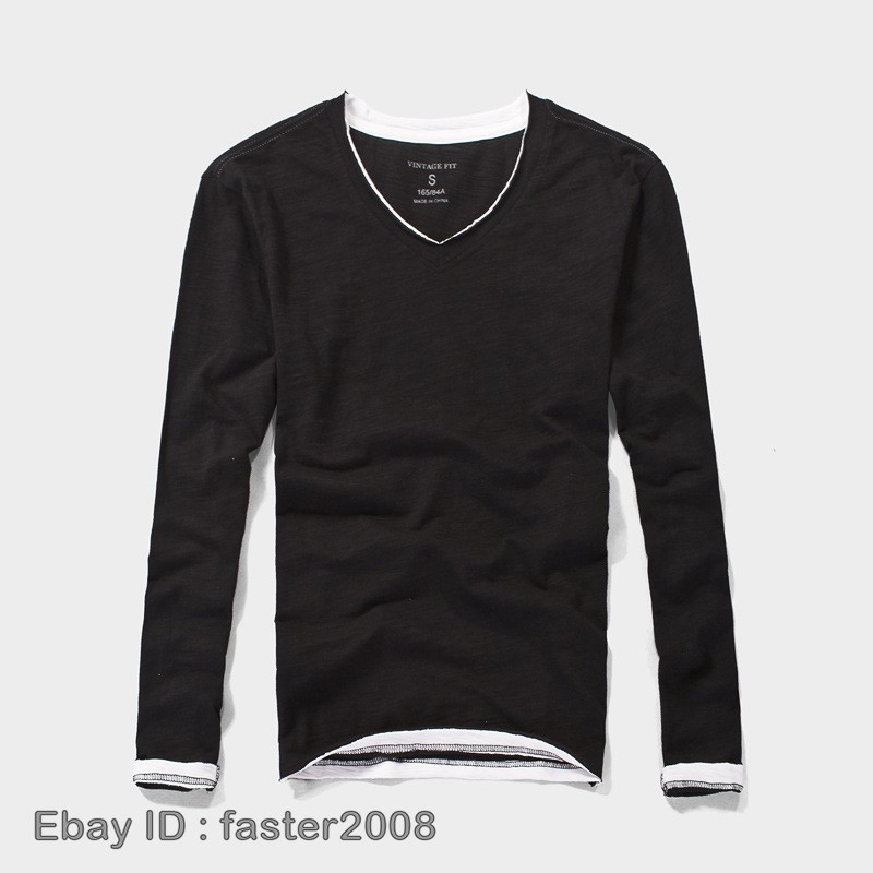 Hot Mens Long-Sleeved T-Shirts New Cotton V-Neck Solid Color Casual Slim Tops gallery