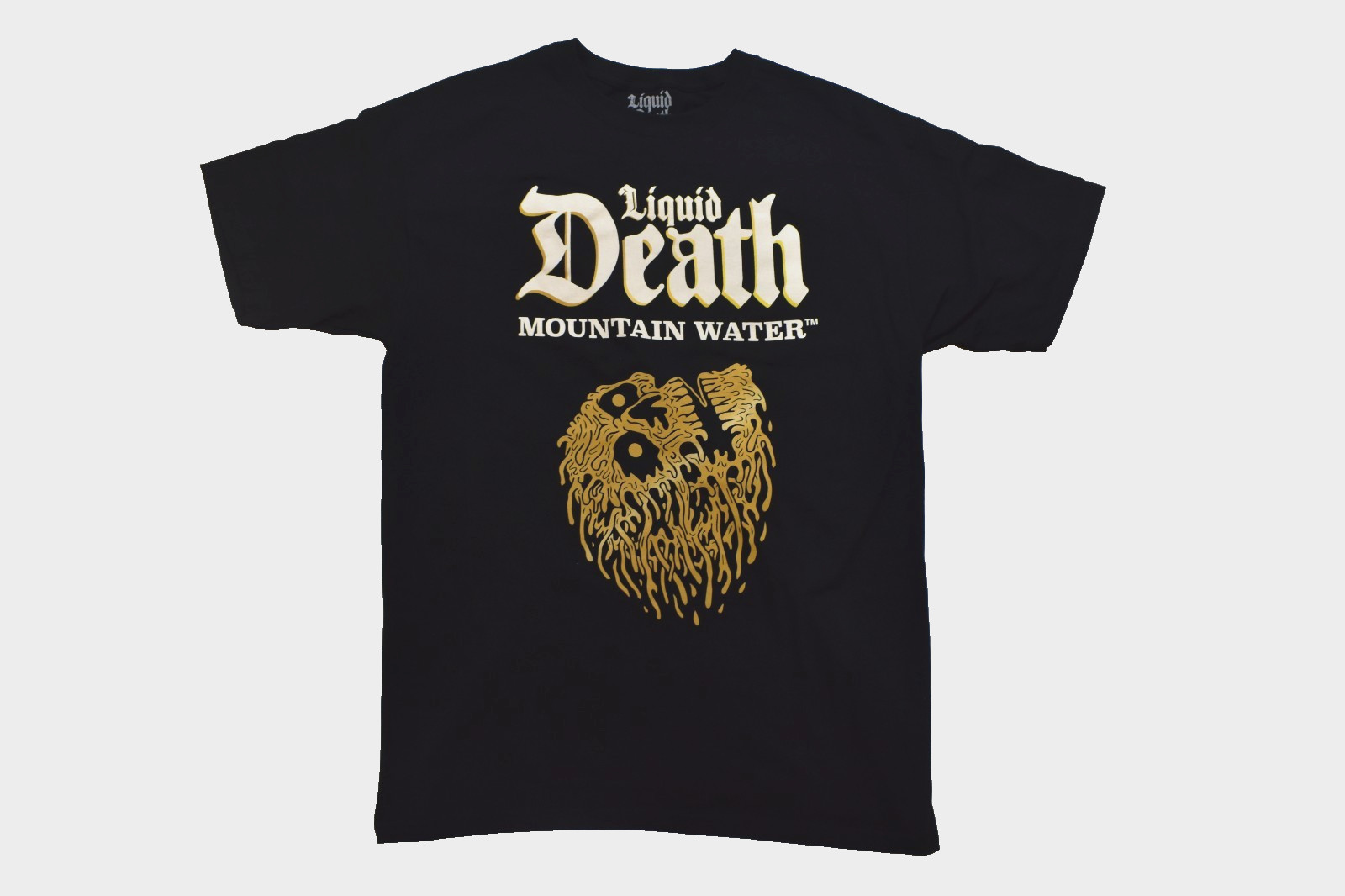 Liquid Death Mens Gold Skull Mountain Water Black Shirt New S-2XL gallery