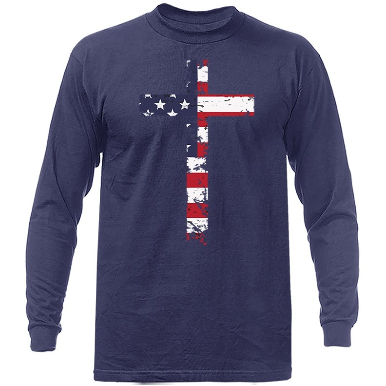 USA Flag Cross Christian Religious Long Sleeve T-Shirt