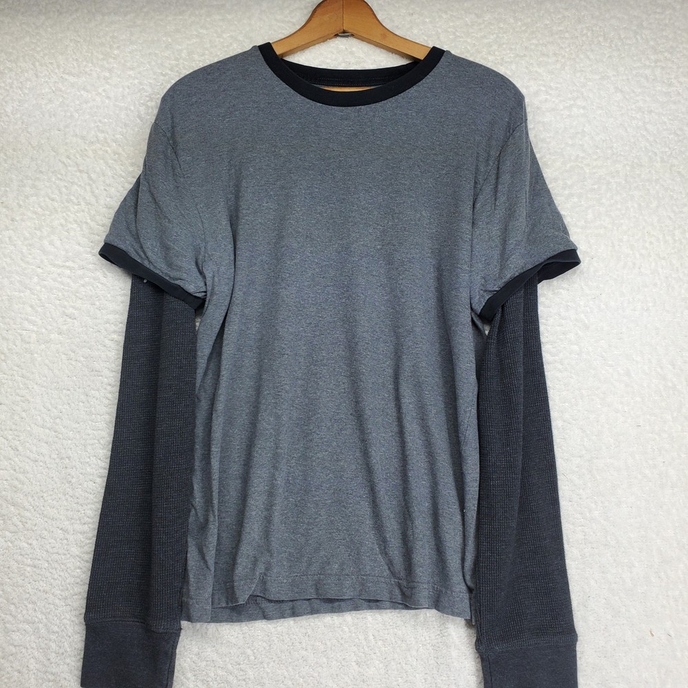 Men’s Ringer Twofer Shirt Medium Gray Black Thermal Sleeve MMA Y2K Skater 90’s