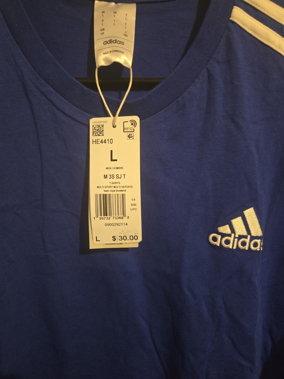 Adidas Men’s Essentials 3-Stripes T-Shirt – HE4410 LARGE L Blue White Stripes gallery