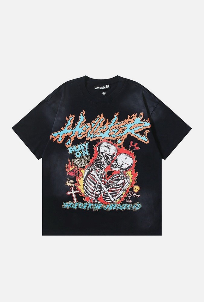 Hellstar Men’s Black Graphic Print Crew Neck Short Sleeve T-Shirt Skeleton Skull
