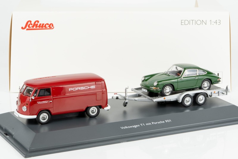 Schuco 1:43 Volkwagen T1 Van with Trailer & Porsche 911 Coupe 1964 (450731300…
