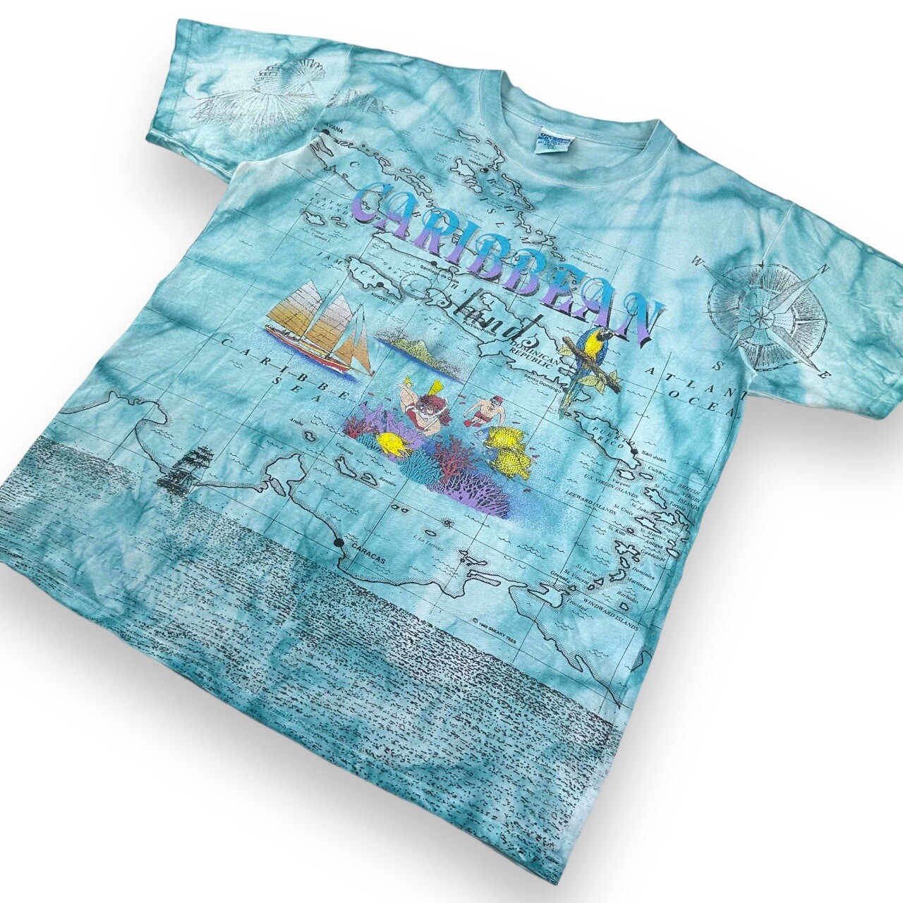 Vintage 90s All Over Print Caribbean T Shirt Mens Large Blue Map Multicoloured gallery