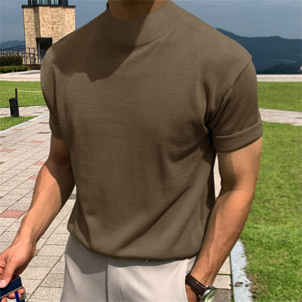Mens Mock Turtleneck Short Sleeve Solid Color T-Shirts Basic Slim Fit Tees