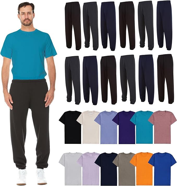 BILLIONHATS 24 Pack 12 Mens Jogger Pants & 12 Assorted T-Shirts, Bulk Wholesale