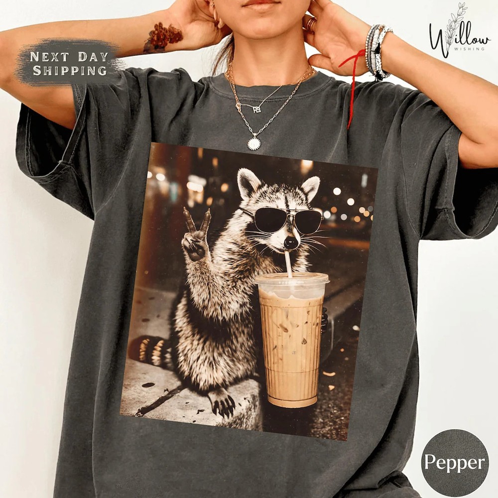 Coffee Raccoon Comfort Colors Shirt, Funny Animal Tee, Peace Sign