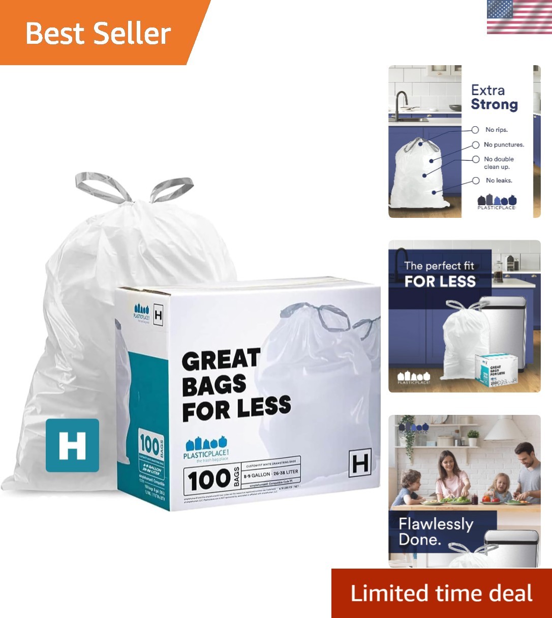 Plasticplace Trash Bags, Compatible with Simplehuman Code H, 8-9 Gallon Trash Ca