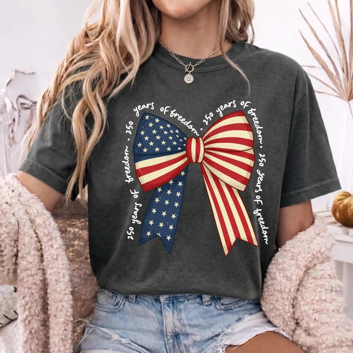 Comfort Colors Patriotic Bow Shirt Coquette 250 Years Of Freedom 4th of July Tee gallery