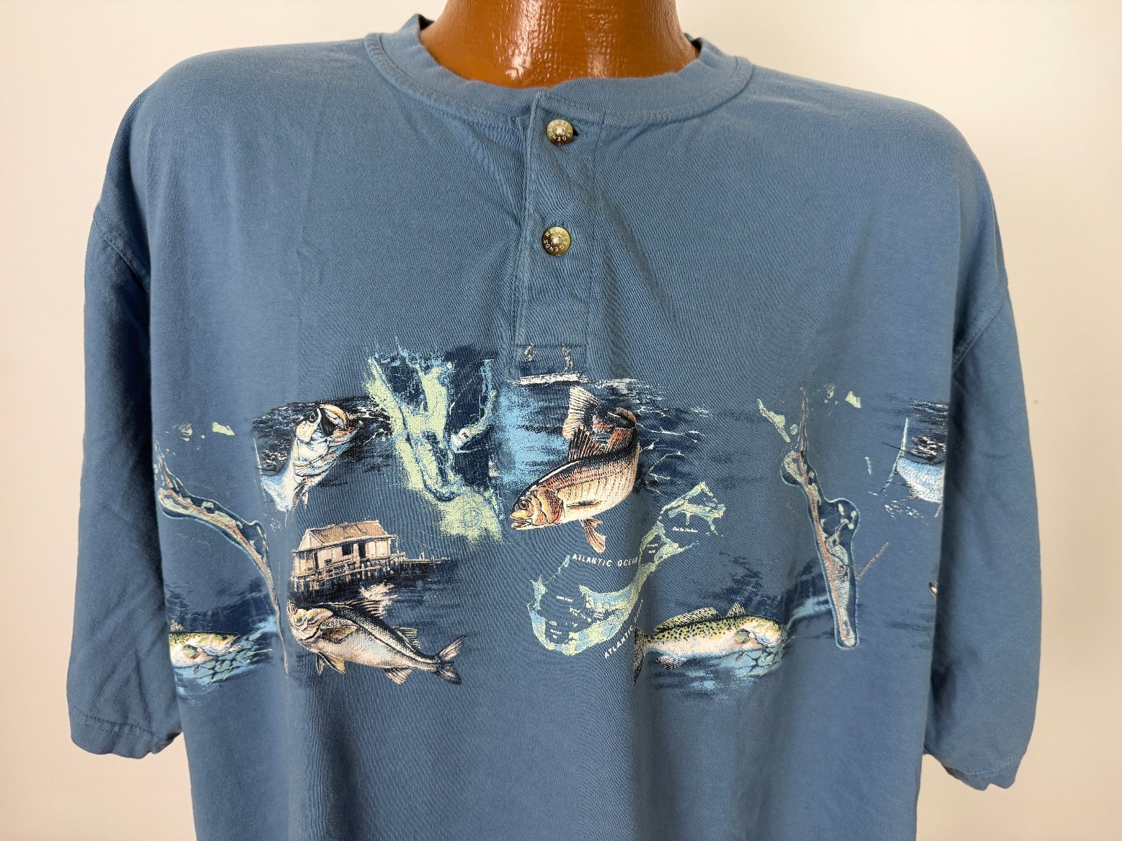 Fish Graphic Henley Shirt Men XXL Saltwater Fishing Bass Dad Cotton Reel Legends gallery