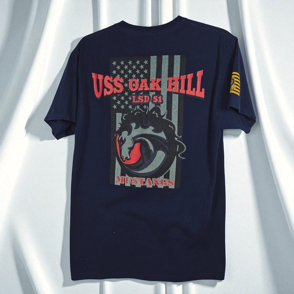 Jerzees USS Oak Hill LSD 51 Mustangs Navy T-Shirt Graphic Print Short Sleeve Med