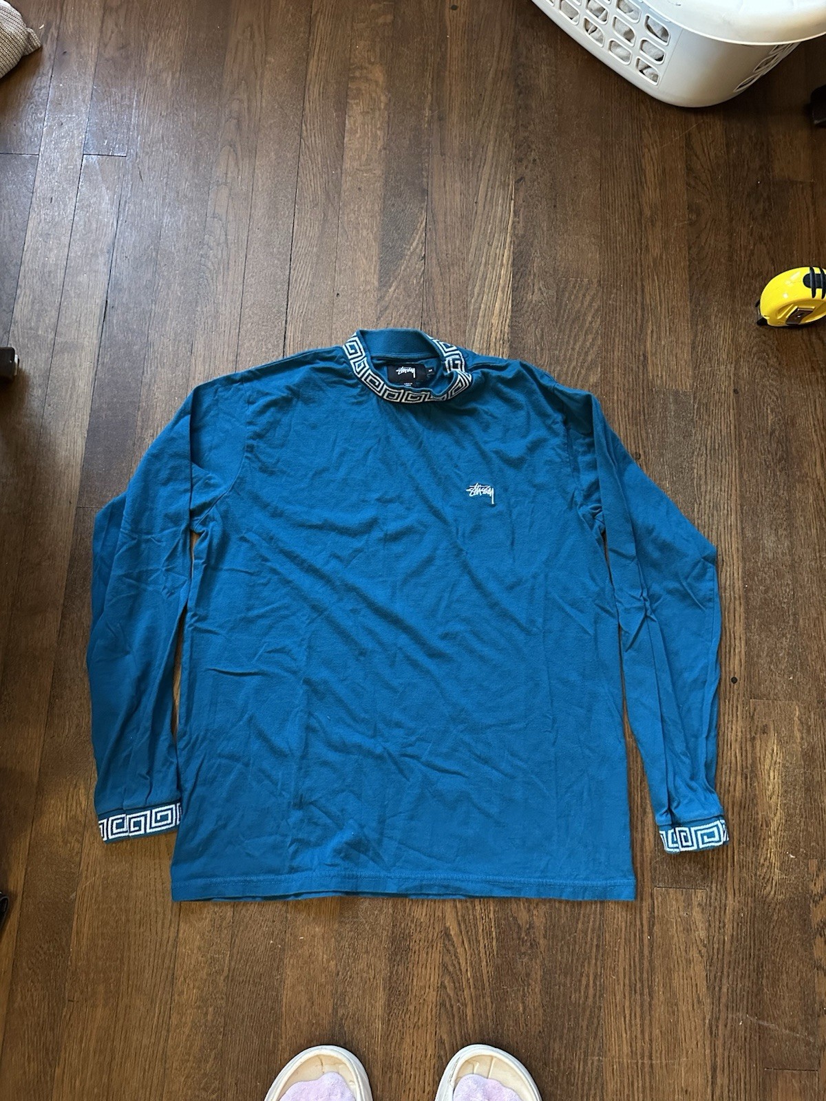 Stussy Men’s Mock neck Long Sleeve Shirt SzM Teal Green Patterned Collar/Cuff