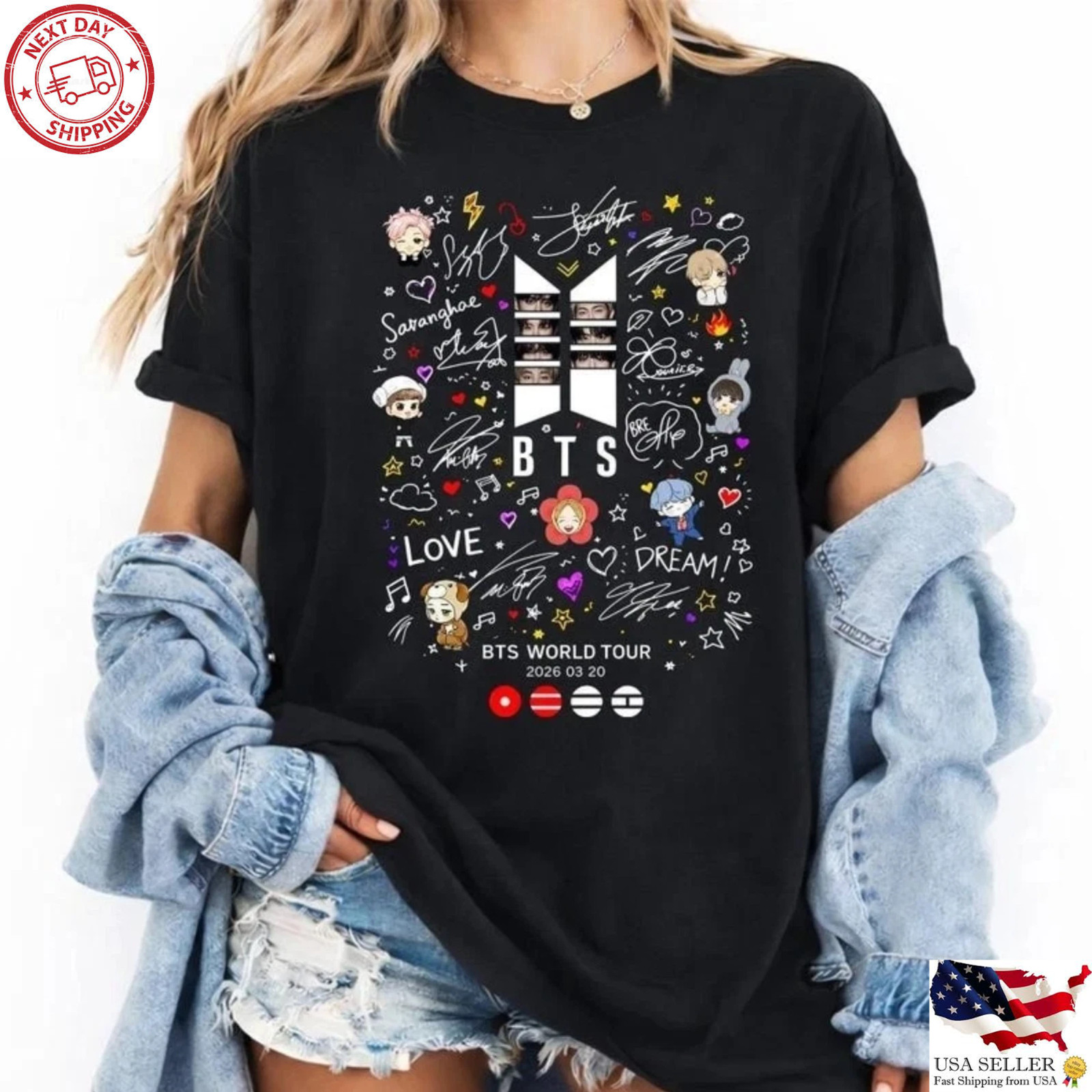BTS World Tour 2026 Graphic T-Shirt Cute Kpop Fan Cartoon Tee gallery