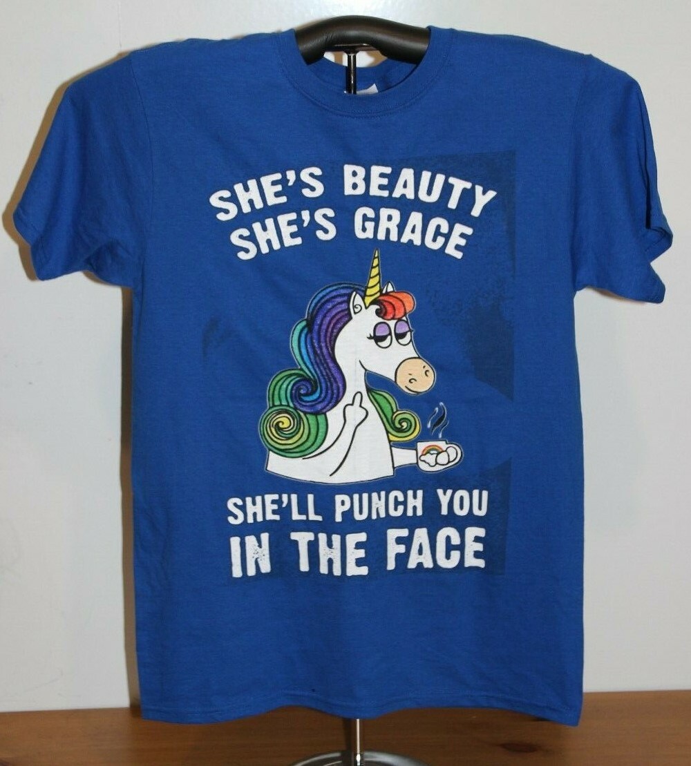 SHE IS BEAUTY SHE IS GRACE SHE'LL PUNCH YOU IN THE FACE Unicorn T-Shirt Blue Sm gallery