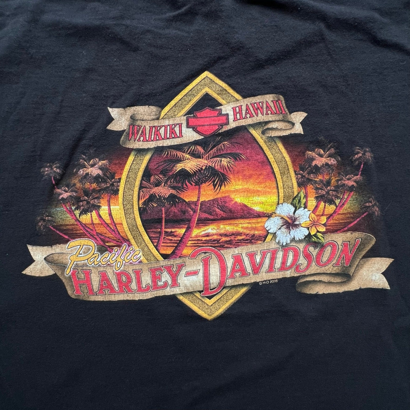 Y2K Pacific Harley Davidson Waikiki Hawaii Fire Sunset Biker Motorcycle Tee XL gallery