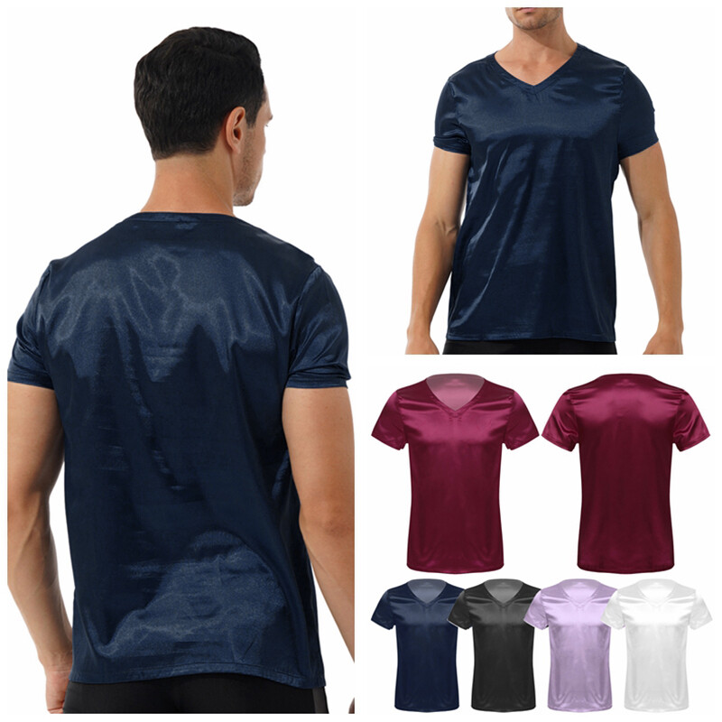 Men's Satin Pullover Short Sleeve V Neck Tops Loungewear Sleepwear Nightwear gallery