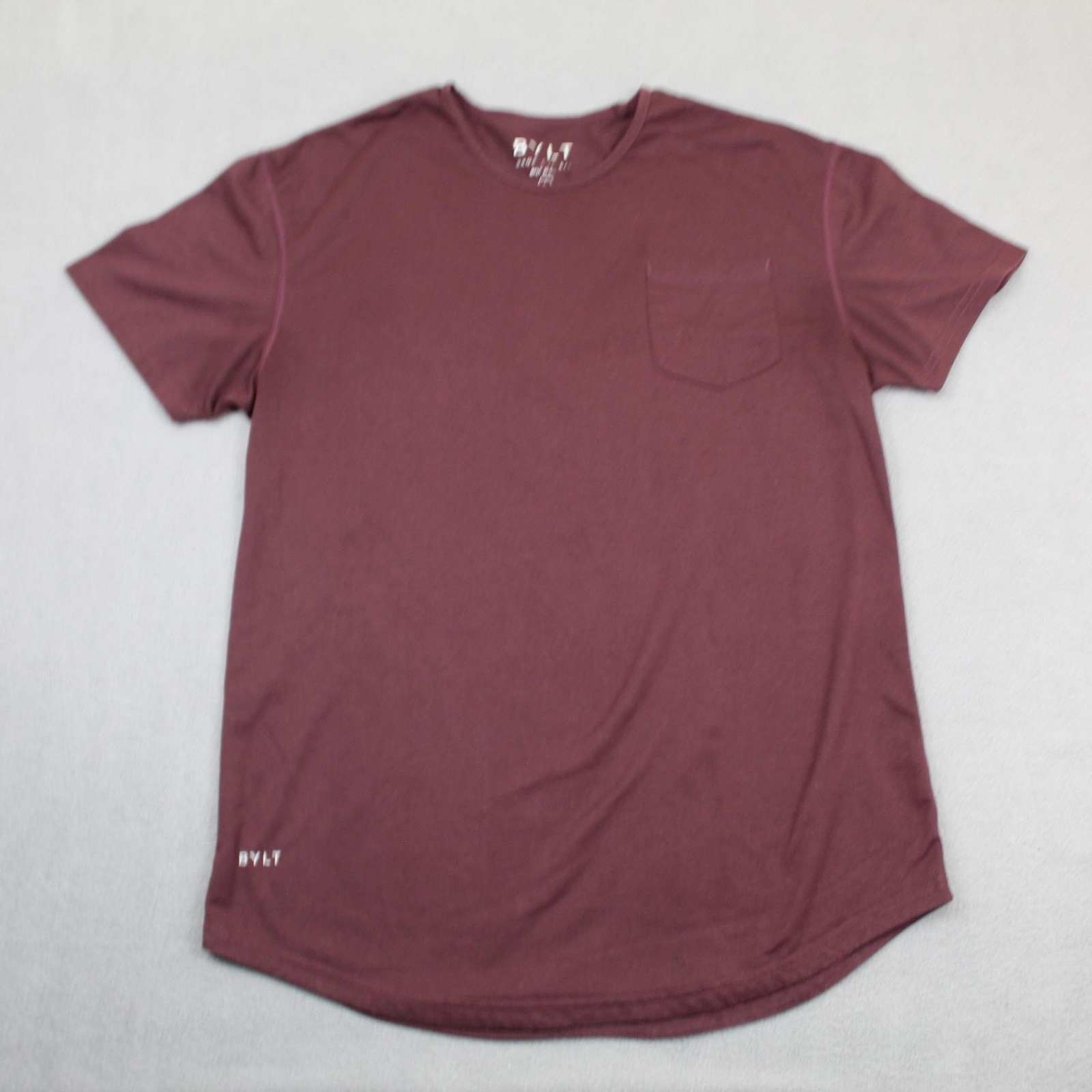 BYLT Shirt Mens Large Maroon Drop Cut S/S Pocket Crewneck Athletic Casual Tee