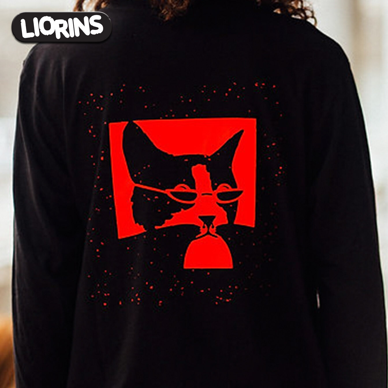 CAT Black Tee LIORINS STREETWEAR Men Unisex Long Sleeve Silk Screen Printing ART
