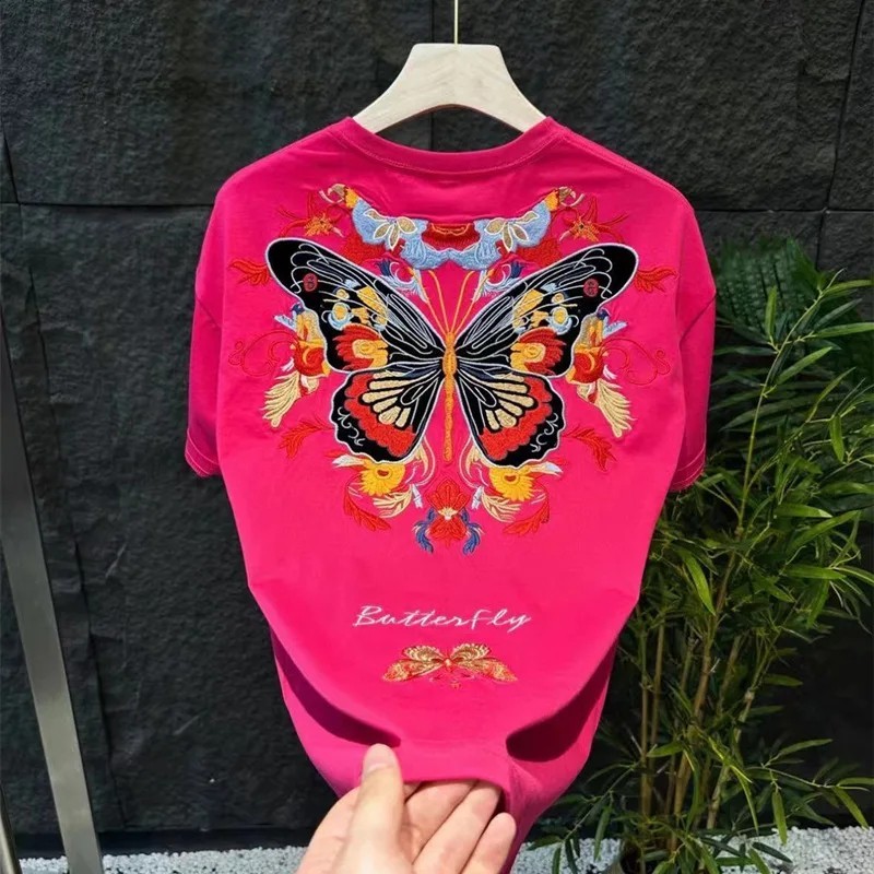 Luxury Butterfly Embroidery Cotton T-Shirt Heavy Texture Loose Fit Casual Tee gallery