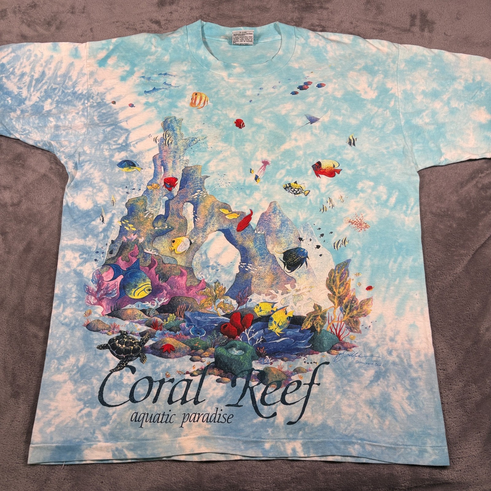 Vintage 1992 Coral Reef Aquatic Paradise Liquid Blue T-Shirt Men XL Tie Dye Fish