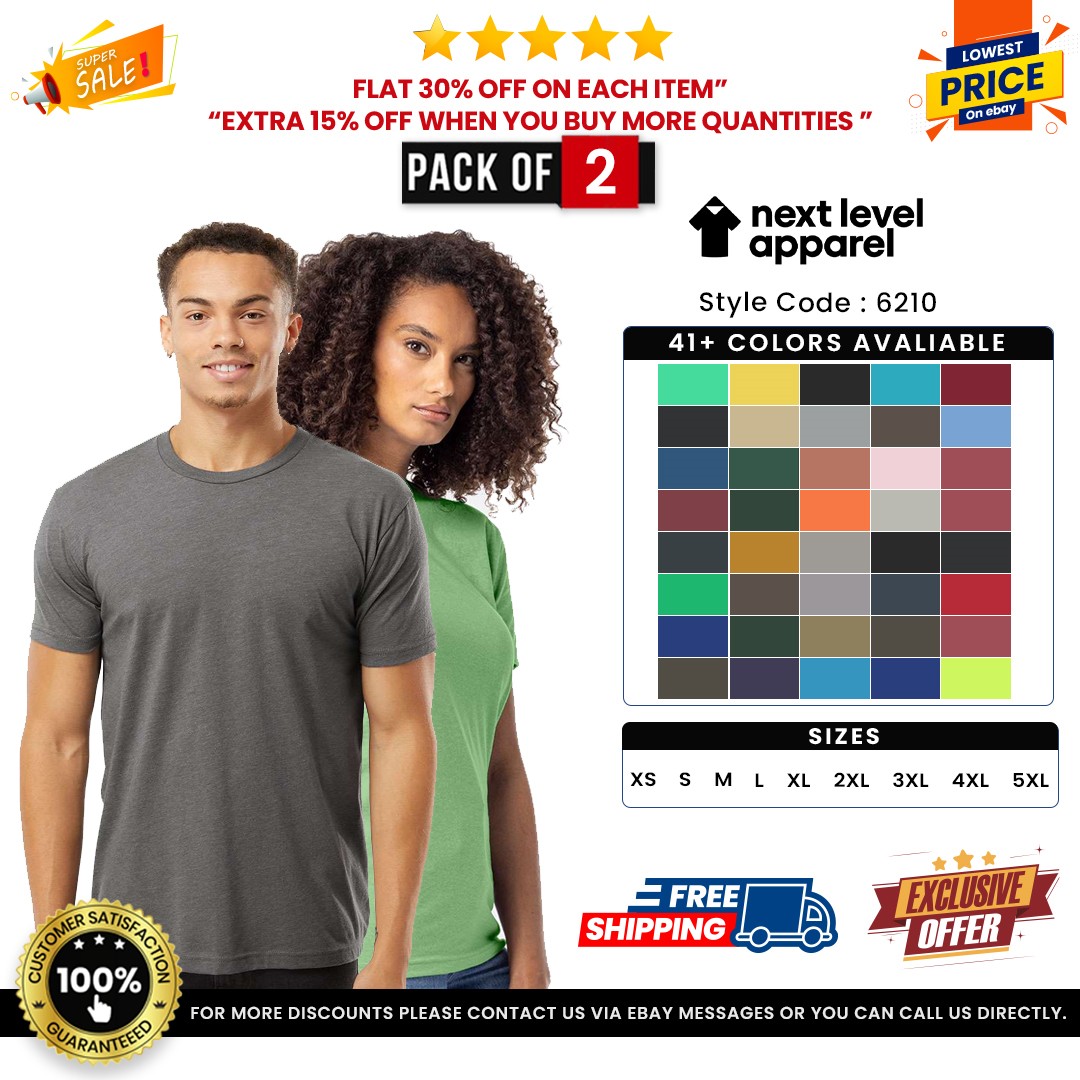 2 Pack Of Next Level Apparel N6210 Unisex CVC Premium Soft Tee Crewneck T-Shirt