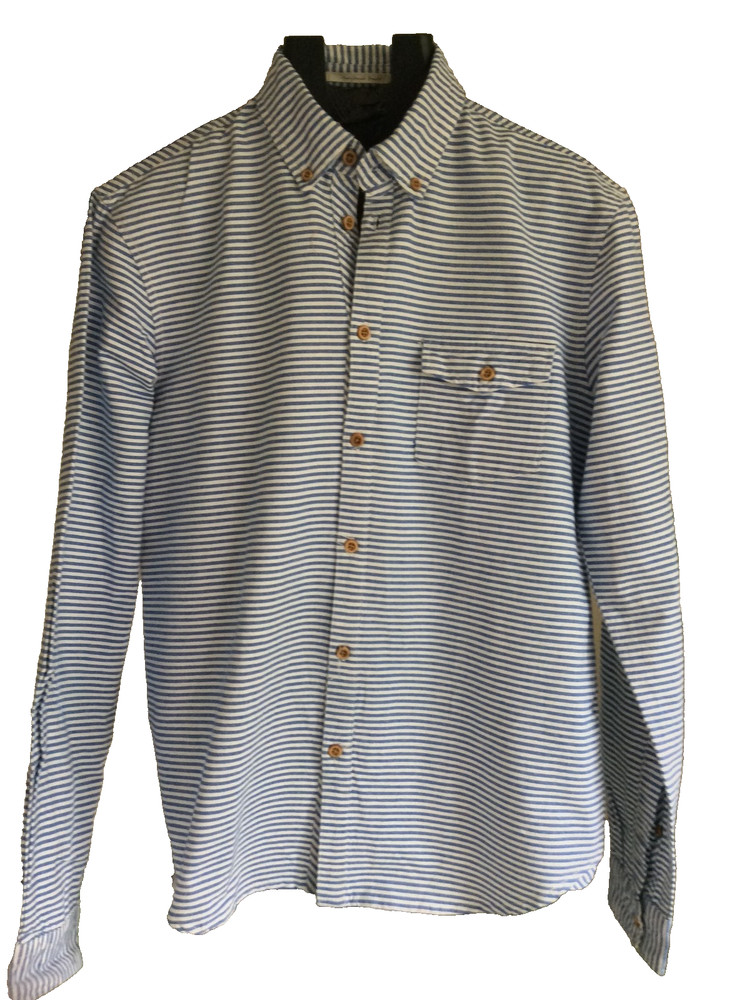 Tailored By Solid Shirt Blue/White Stripe100% Cotton M Size Long Sleeves Slim Fi