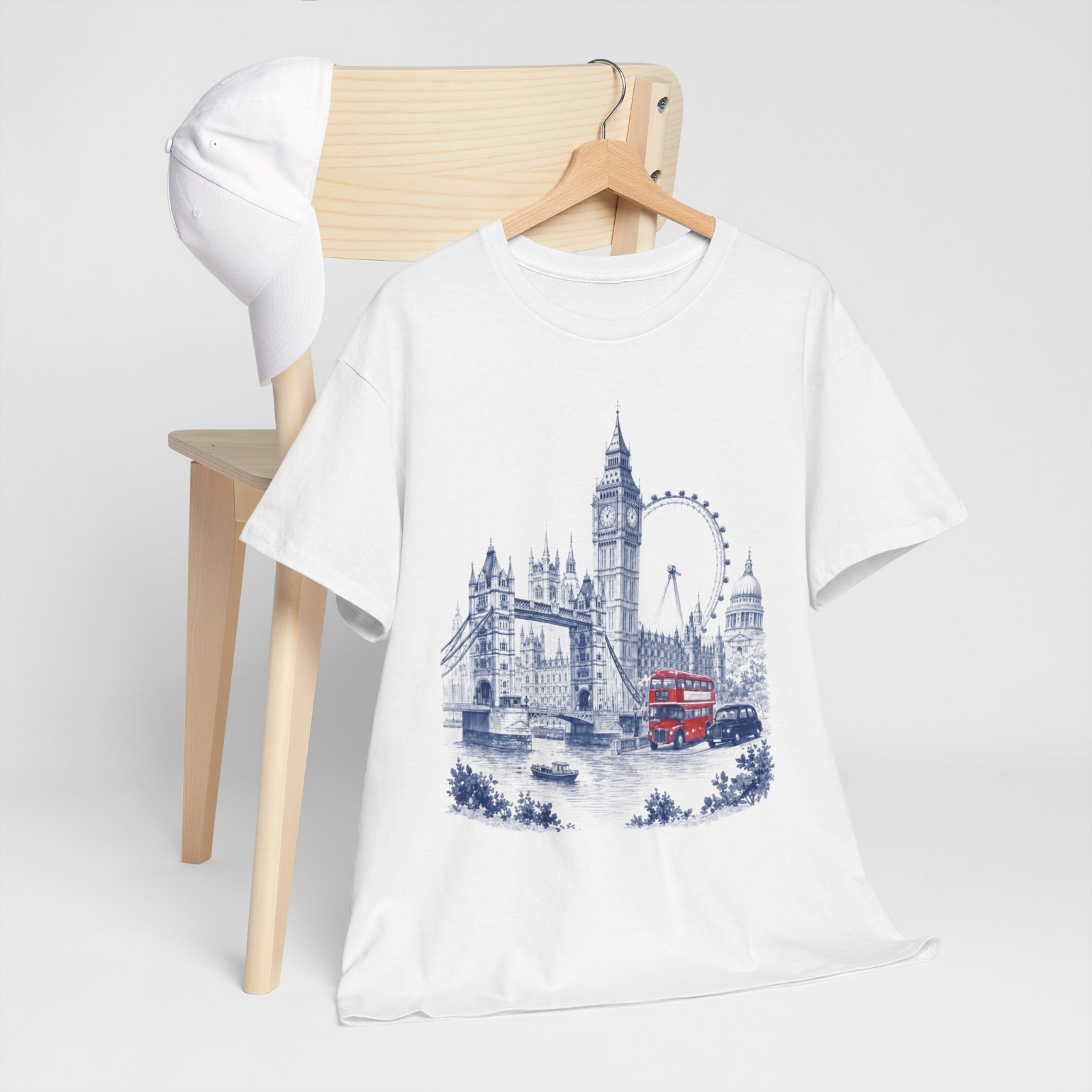 London Landmarks Big Ben Tower Bridge Red Bus Graphic T-Shirt gallery