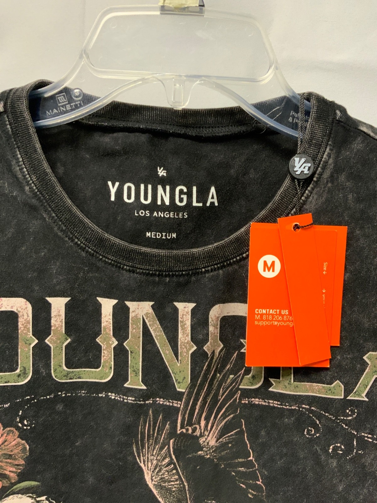 YoungLA 4116 Floral Skull Tee Men's Medium Black Mineral Wash Skeleton Crow NWT gallery