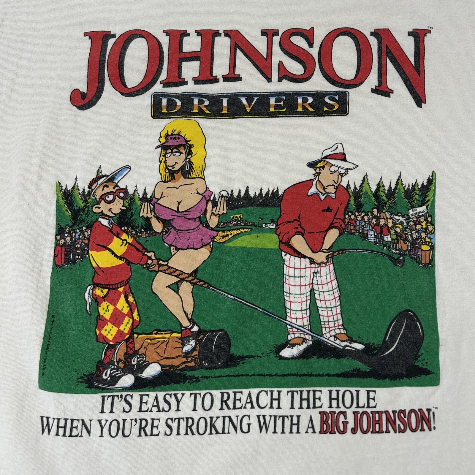 Vintage Big Johnson Drivers Funny Golf Shirt Mens Large White Humor Cartoon 90s gallery