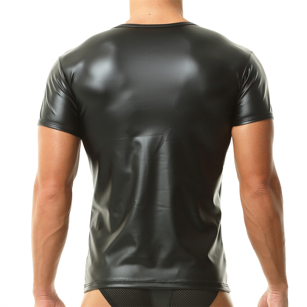 Men's Faux Leather Undershirts T-shirts Wet Look Short Sleeve Tops Clubwear Tees gallery