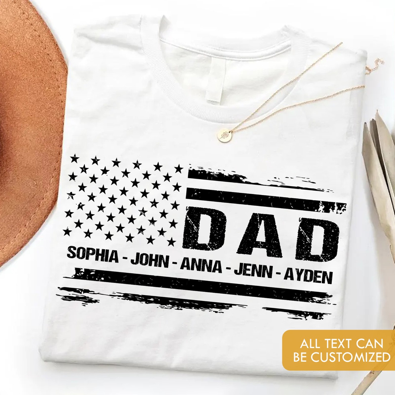 Personalized Dad Shirt 4th of July Gift Custom Kids Name Patriotic USA Flag Tee gallery