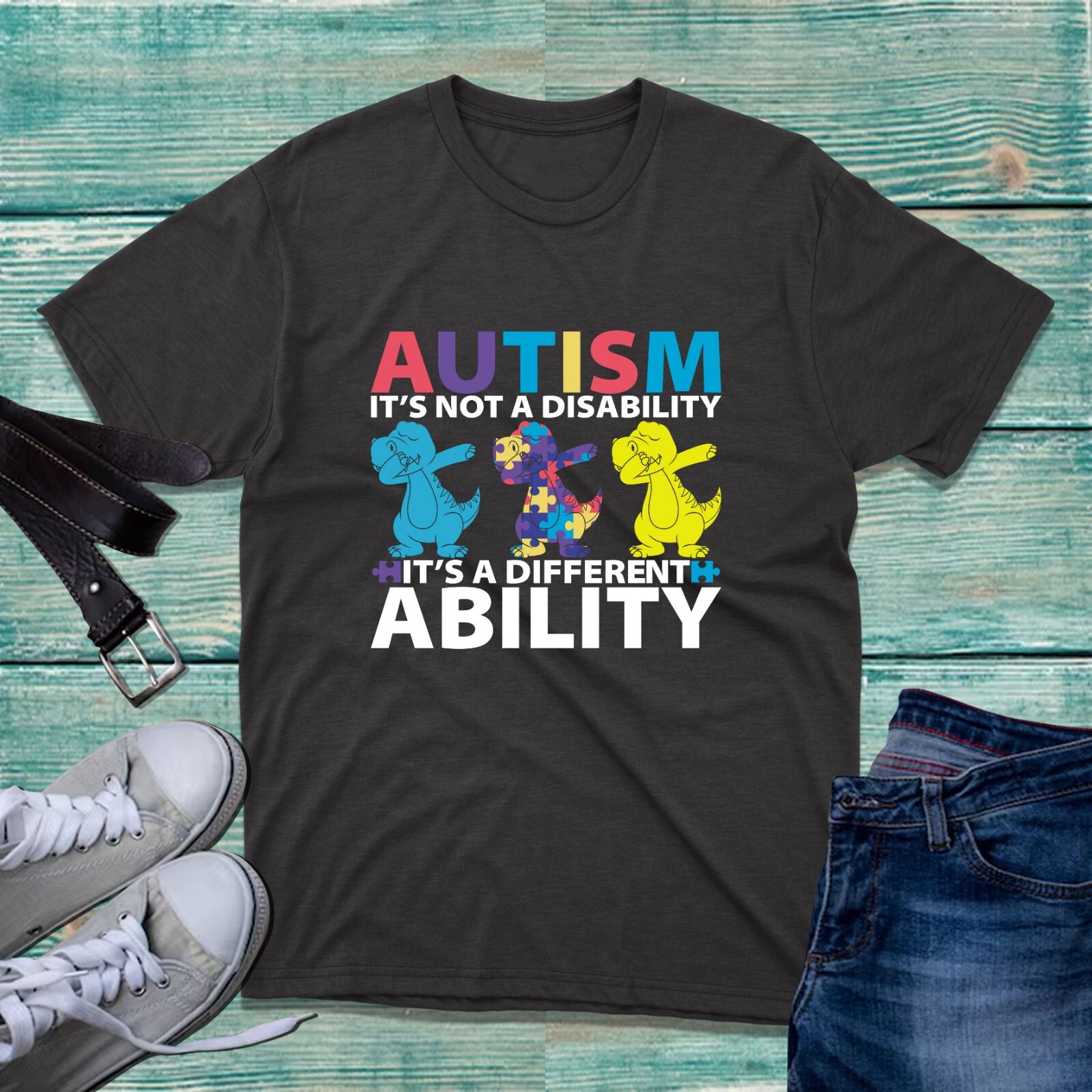 Autism Not Disability It's Different Ability TShirt Awareness Dinosaur Dap Dance gallery