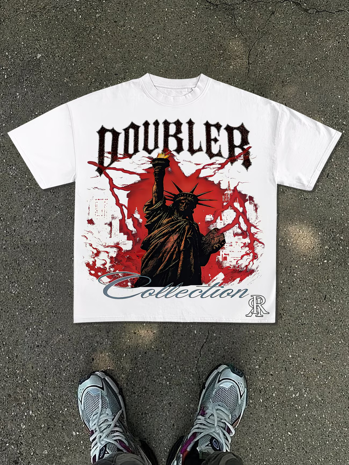 Men's Gothic DOUBLER Logo & Statue of Liberty T-Shirt - White Base with Black Le gallery
