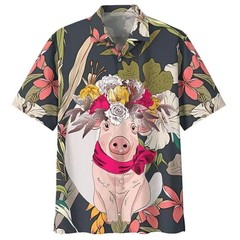 Mens Button Down Shirts Funny Pig Animal Printed Hawaiian Tops Novelty Ugly Gift