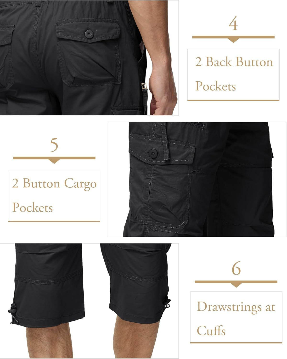 MAGCOMSEN Men's Below Knee Long Shorts Cotton Work 3/4 Cargo Capris 40, Black gallery