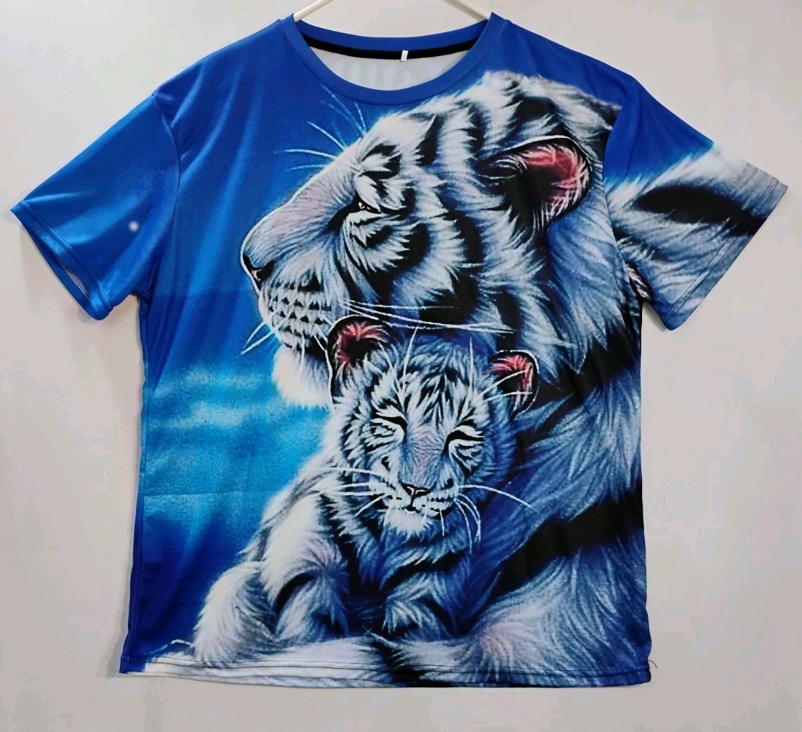 (L/XL)White Tiger With Cub Graphic Tee Blue (Unbranded) Poly Blend Fabric