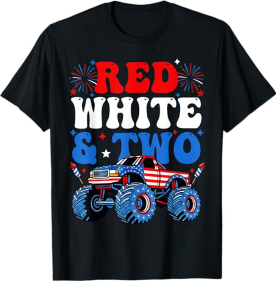 2nd Birthday Boy Monster Truck Red White and Two 4th of July T-Shirt