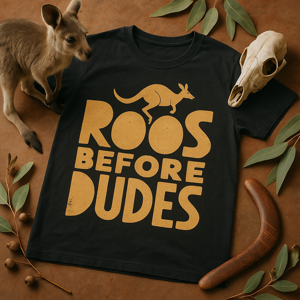 Kangaroo Pocket T-Shirt – “Roos Before Dudes” Graphic Tee