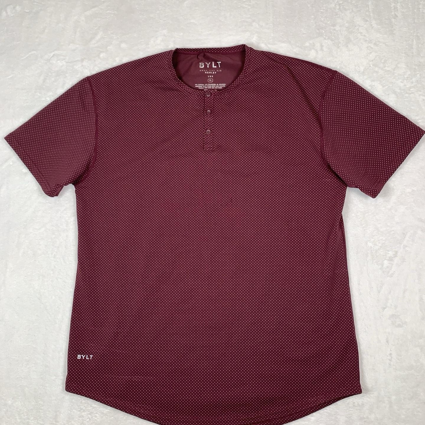 BYLT Drop-Cut Henley Shirt Mens XL Red Polka Dot LUX Short Sleeve Athletic Fit gallery