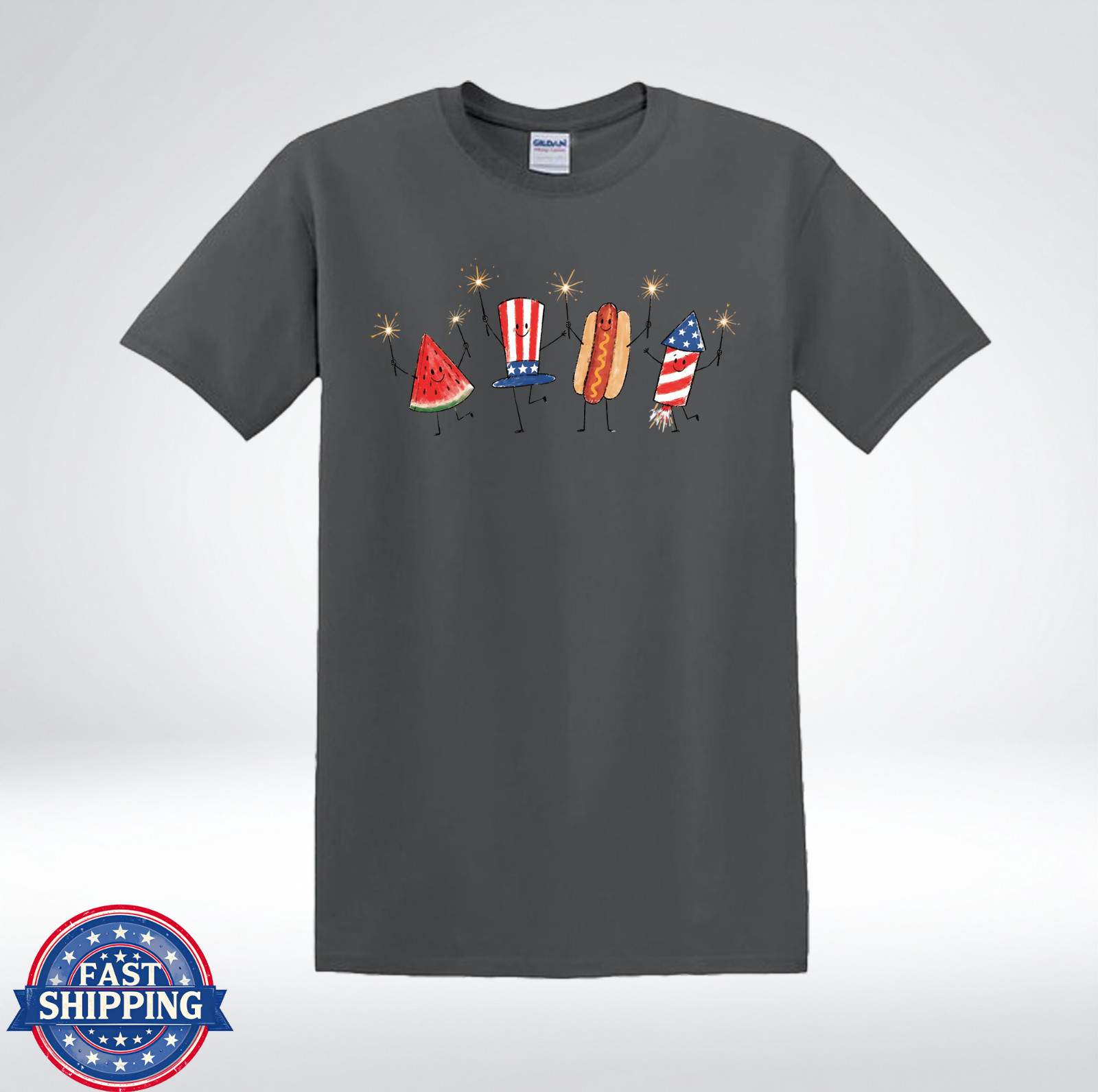 Funny Fourth of July Watermelon Hot Dog Firework Graphic T-Shirt gallery