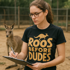 Kangaroo Pocket T-Shirt – “Roos Before Dudes” Graphic Tee