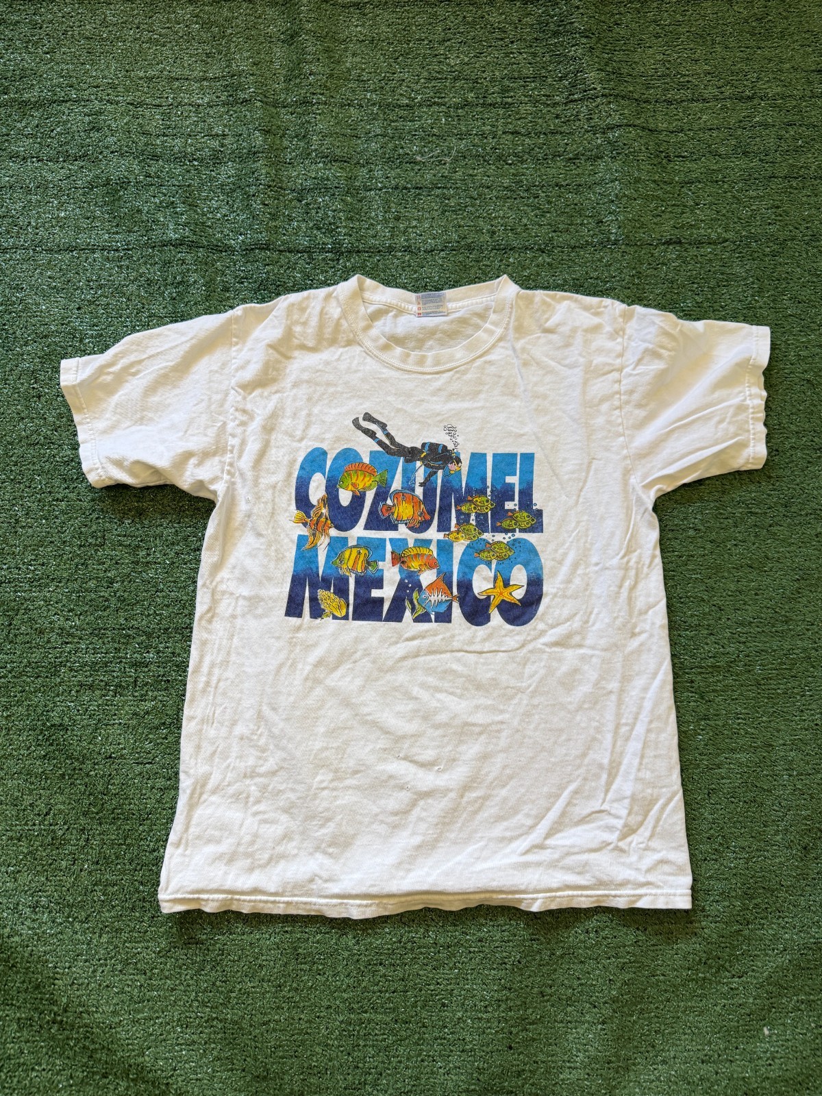 Vintage y2k Cozumel Mexico Underwater Ocean Fish White Graphic T Shirt M Flaw gallery