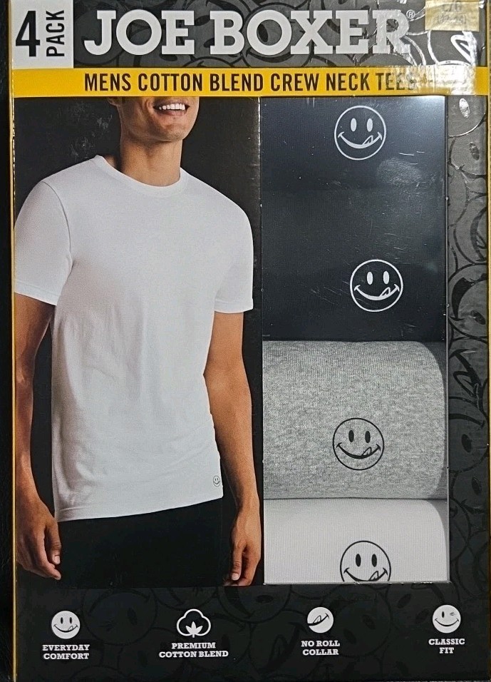 Mens Joe Boxer Crew Neck T Shirts Undershirts NIP 4 size LARGE 42/44 w/smiley