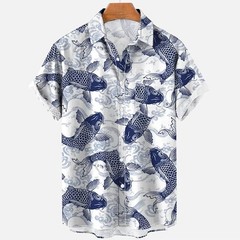 Mens Button Down Dark Blue Jellyfish Squid Undersea Hawaiian Top Summer Shirt