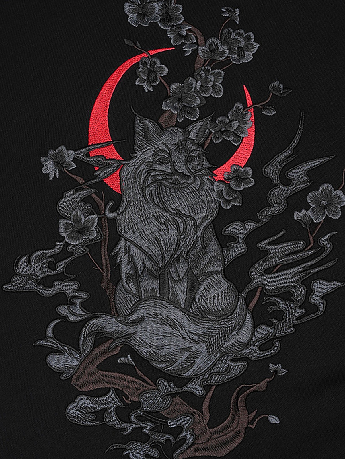 Niepce Dark Kitsune with Cherry Blossoms Embroidery Japanese Streetwear Tee gallery