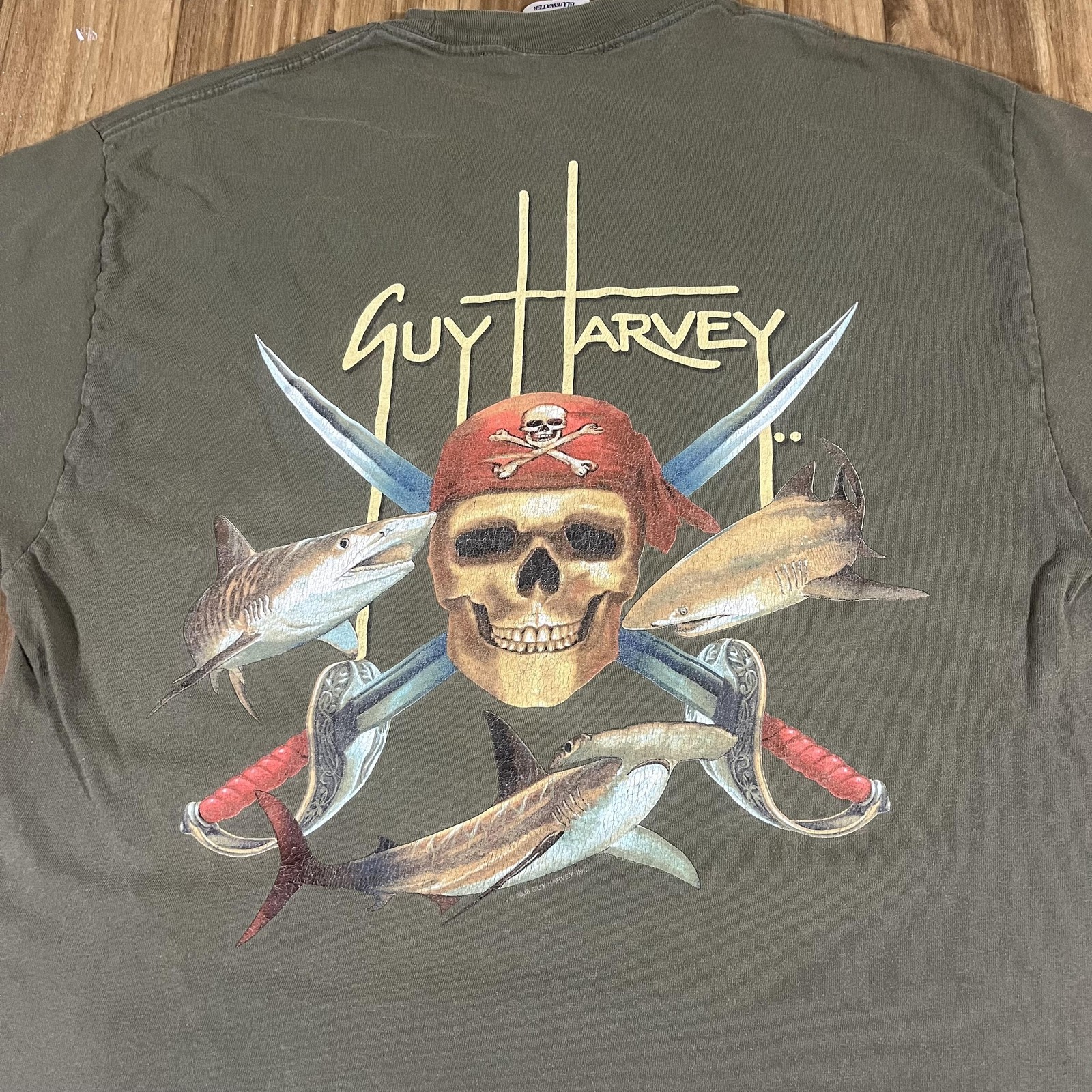 Vintage Guy Harvey Shirt Mens Large Green Pirate Skull Shark Fish Ocean Y2K gallery